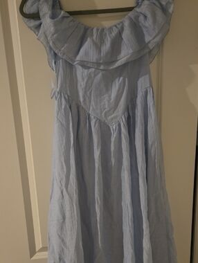 Light Blue Off-Shoulder Ruffle Casual Women's Dress, M, NEW